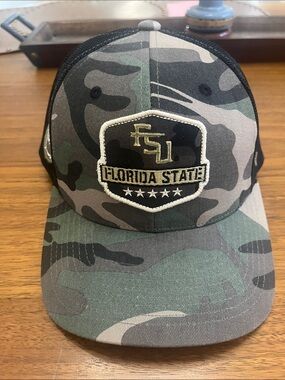 Oh Camouflage Trucker Hat with Black Mesh and Olive Patch